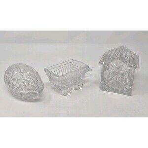 VINTAGE PRINCESS HOUSE CLEAR GLASS LEAD CRYSTAL EASTER BUNDLE EGG BIRDHOUSE CART